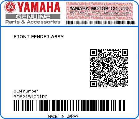 Product image: Yamaha - 3D82151001P0 - FRONT FENDER ASSY 