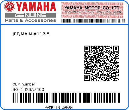Product image: Yamaha - 3G21423A7400 - JET,MAIN #117.5  0