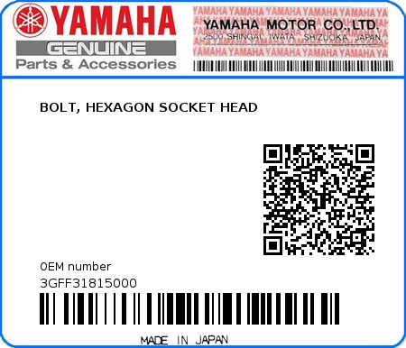 Product image: Yamaha - 3GFF31815000 - BOLT, HEXAGON SOCKET HEAD   0