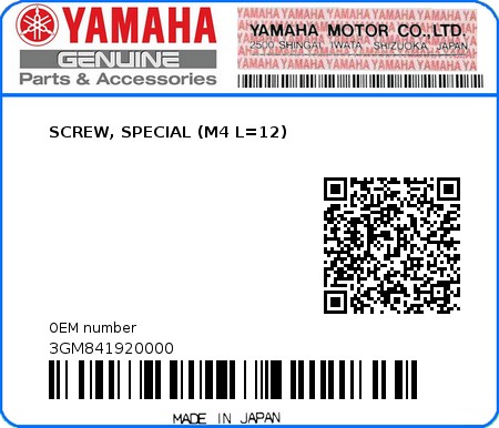 Product image: Yamaha - 3GM841920000 - SCREW, SPECIAL (M4 L=12)  0