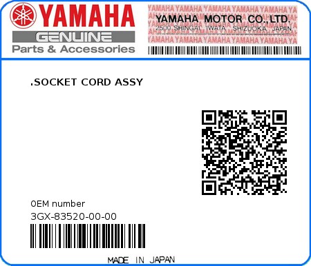 Product image: Yamaha - 3GX-83520-00-00 - .SOCKET CORD ASSY  0
