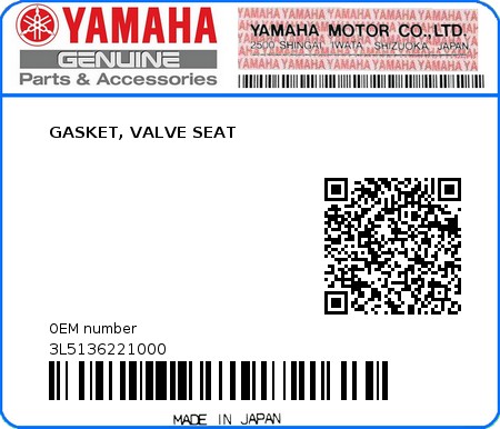 Product image: Yamaha - 3L5136221000 - GASKET, VALVE SEAT 