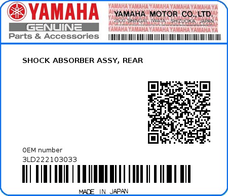 Product image: Yamaha - 3LD222103033 - SHOCK ABSORBER ASSY, REAR 