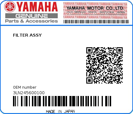 Product image: Yamaha - 3LN245600100 - FILTER ASSY 