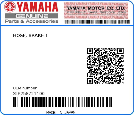 Product image: Yamaha - 3LP258721100 - HOSE, BRAKE 1 