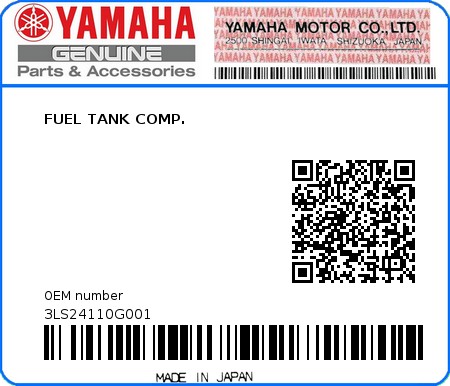 Product image: Yamaha - 3LS24110G001 - FUEL TANK COMP. 