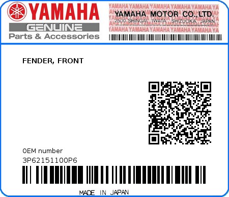 Product image: Yamaha - 3P62151100P6 - FENDER, FRONT 