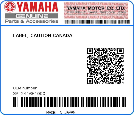 Product image: Yamaha - 3PT2416E1000 - LABEL, CAUTION CANADA 