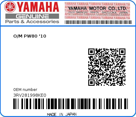 Product image: Yamaha - 3RV281998KE0 - O/M PW80 '10  0