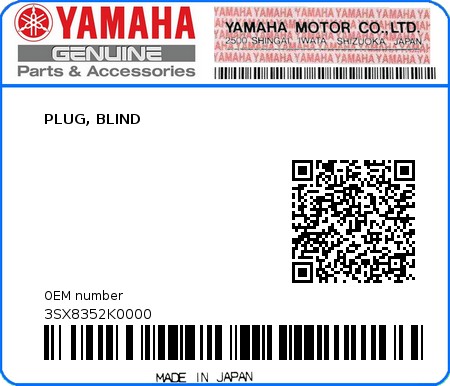 Product image: Yamaha - 3SX8352K0000 - PLUG, BLIND 