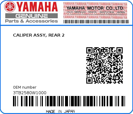 Product image: Yamaha - 3TB2580W1000 - CALIPER ASSY, REAR 2  0