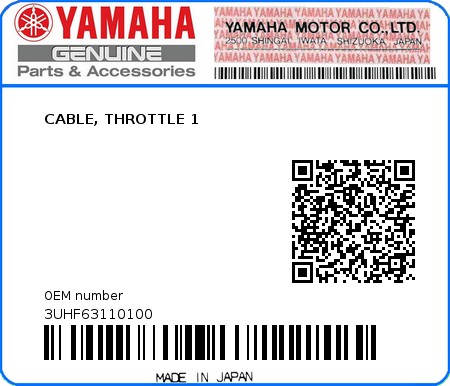 Product image: Yamaha - 3UHF63110100 - CABLE, THROTTLE 1 