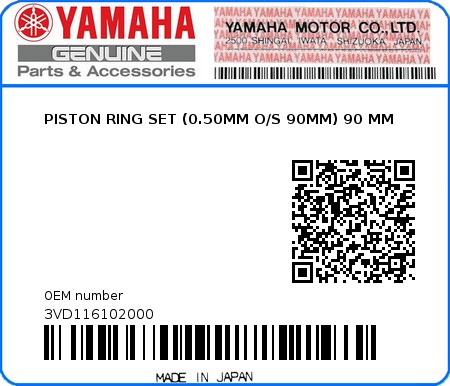 Product image: Yamaha - 3VD116102000 - PISTON RING SET (0.50MM O/S 90MM) 90 MM   0