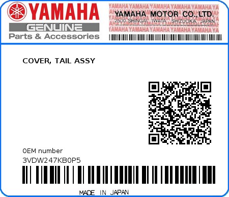 Product image: Yamaha - 3VDW247KB0P5 - COVER, TAIL ASSY  0