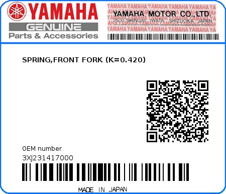 Product image: Yamaha - 3XJ231417000 - SPRING,FRONT FORK (K=0.420)  0