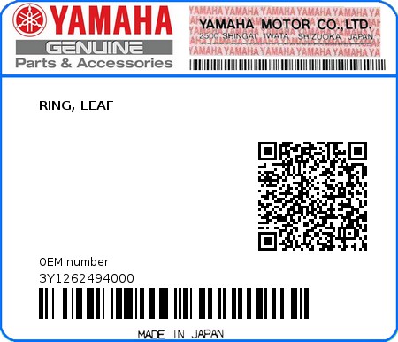 Product image: Yamaha - 3Y1262494000 - RING, LEAF   0