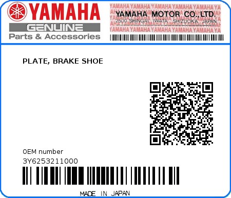 Product image: Yamaha - 3Y6253211000 - PLATE, BRAKE SHOE 