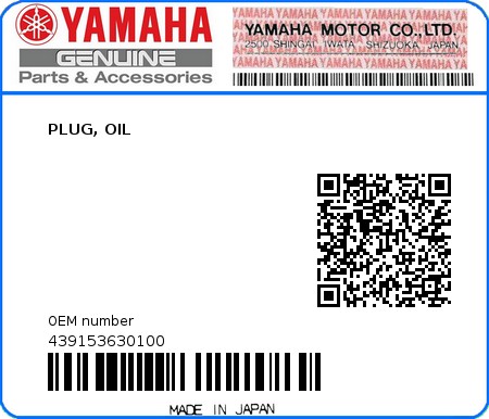 Product image: Yamaha - 439153630100 - PLUG, OIL  0
