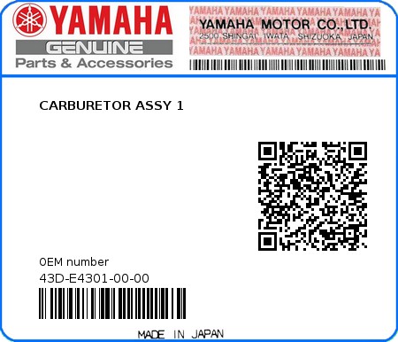 Product image: Yamaha - 43D-E4301-00-00 - CARBURETOR ASSY 1  0