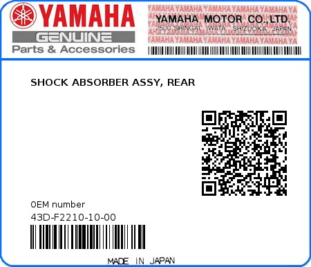 Product image: Yamaha - 43D-F2210-10-00 - SHOCK ABSORBER ASSY, REAR  0