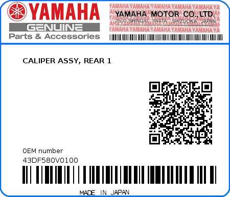 Product image: Yamaha - 43DF580V0100 - CALIPER ASSY, REAR 1  0