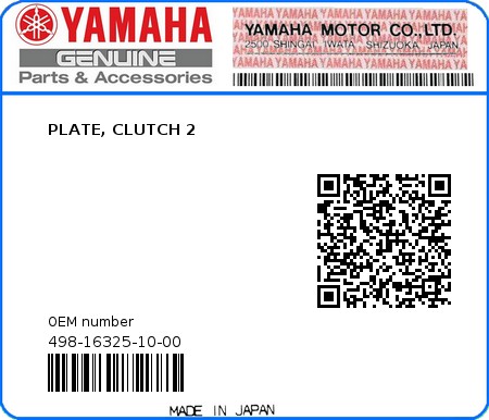 Product image: Yamaha - 498-16325-10-00 - PLATE, CLUTCH 2  0