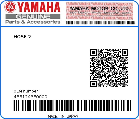 Product image: Yamaha - 4B51243E0000 - HOSE 2  0