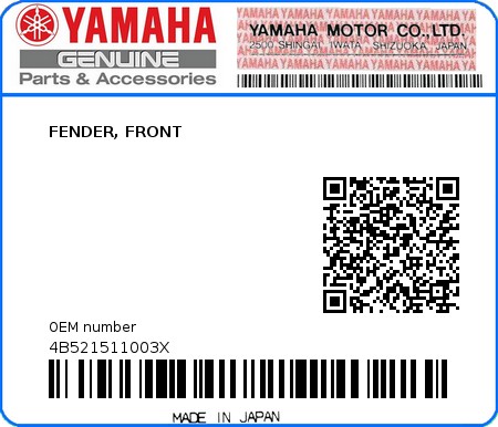 Product image: Yamaha - 4B521511003X - FENDER, FRONT  0