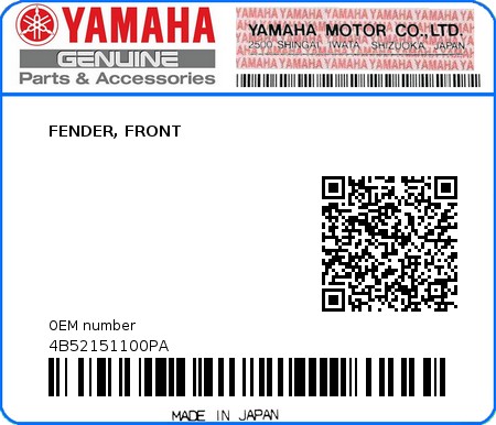 Product image: Yamaha - 4B52151100PA - FENDER, FRONT 