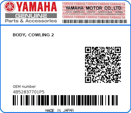 Product image: Yamaha - 4B52837701P5 - BODY, COWLING 2  0