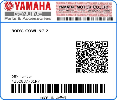 Product image: Yamaha - 4B52837701P7 - BODY, COWLING 2 