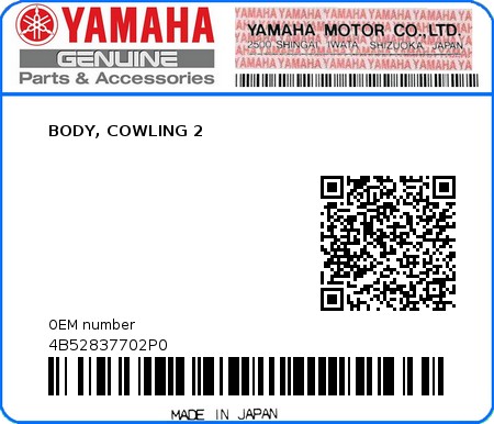 Product image: Yamaha - 4B52837702P0 - BODY, COWLING 2  0