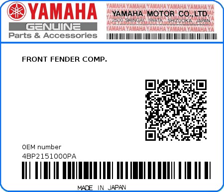 Product image: Yamaha - 4BP2151000PA - FRONT FENDER COMP.  0