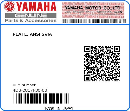 Product image: Yamaha - 4D3-2817J-30-00 - PLATE, ANSI SVIA  0