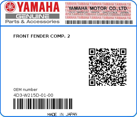 Product image: Yamaha - 4D3-W215D-01-00 - FRONT FENDER COMP. 2  0