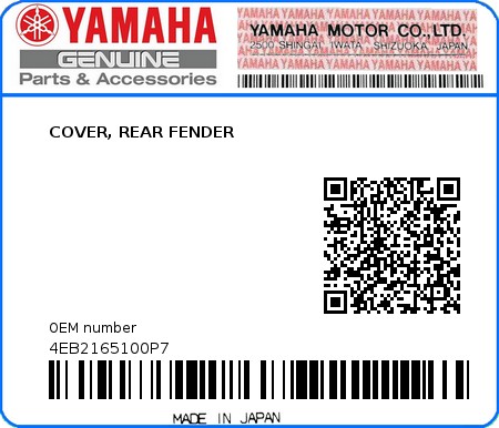 Product image: Yamaha - 4EB2165100P7 - COVER, REAR FENDER  0