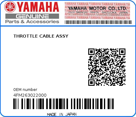 Product image: Yamaha - 4FM263022000 - THROTTLE CABLE ASSY  0