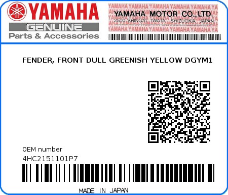 Product image: Yamaha - 4HC2151101P7 - FENDER, FRONT DULL GREENISH YELLOW DGYM1   0