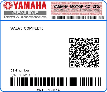 Product image: Yamaha - 4JW2316A1000 - VALVE COMPLETE  0