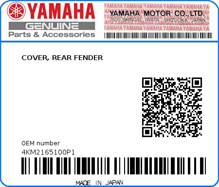 Product image: Yamaha - 4KM2165100P1 - COVER, REAR FENDER  0