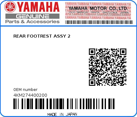 Product image: Yamaha - 4KM274400200 - REAR FOOTREST ASSY 2 