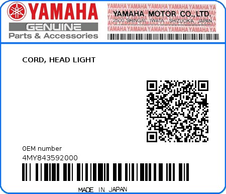 Product image: Yamaha - 4MY843592000 - CORD, HEAD LIGHT   0