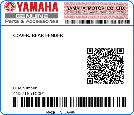 Product image: Yamaha - 4NX2165100P1 - COVER, REAR FENDER 