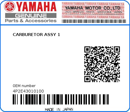 Product image: Yamaha - 4P2E43010100 - CARBURETOR ASSY 1  0