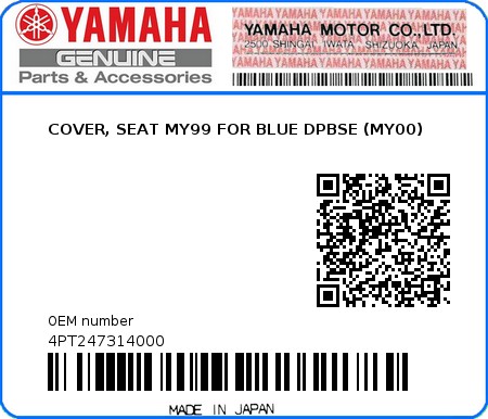 Product image: Yamaha - 4PT247314000 - COVER, SEAT MY99 FOR BLUE DPBSE (MY00) 