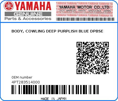 Product image: Yamaha - 4PT283514000 - BODY, COWLING DEEP PURPLISH BLUE DPBSE  0