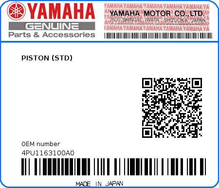 Product image: Yamaha - 4PU1163100A0 - PISTON (STD) 