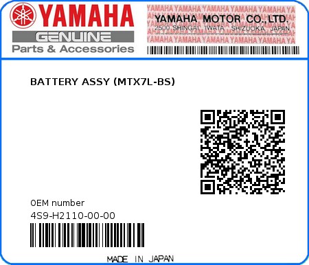 Product image: Yamaha - 4S9-H2110-00-00 - BATTERY ASSY (MTX7L-BS) 