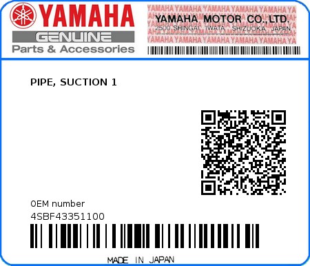 Product image: Yamaha - 4SBF43351100 - PIPE, SUCTION 1  0