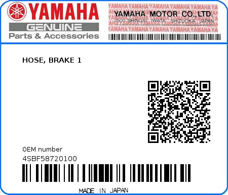 Product image: Yamaha - 4SBF58720100 - HOSE, BRAKE 1 